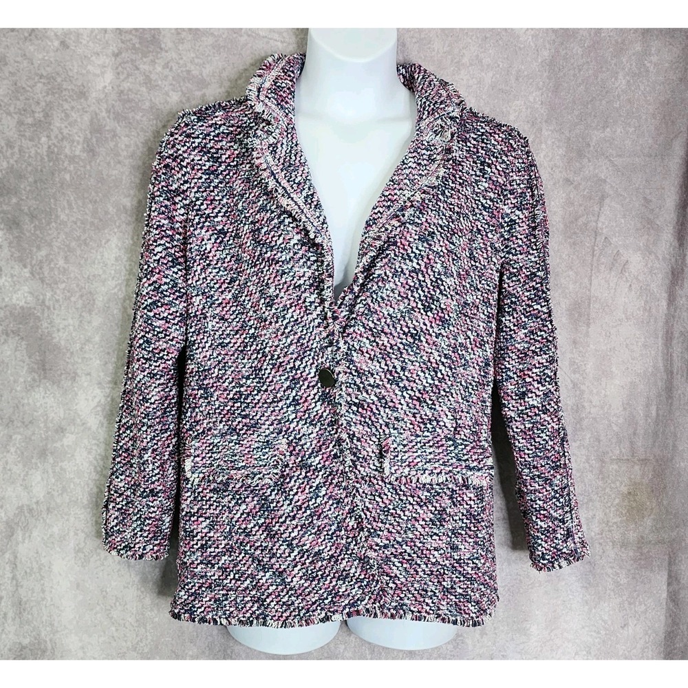 Chicos Notch Collar Tweed Knit Blazer Jacket Sweater Pink Blue White Large 2